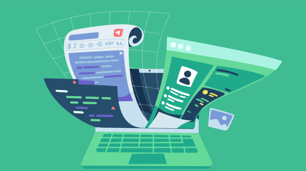 A vibrant illustration of articles and web pages bursting out of a laptop screen like colorful flying papers.