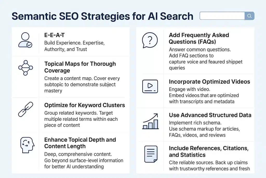 Infographic of semantic SEO strategies for 2026, featuring topical maps, keyword clusters, structured data, and depth for AI search optimization.
