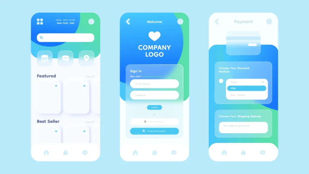 Three modern mobile app screens in 2026 UI style: home with featured/best sellers, welcome sign-in page with social login, and payment/shipping selection, blue-green gradient design.