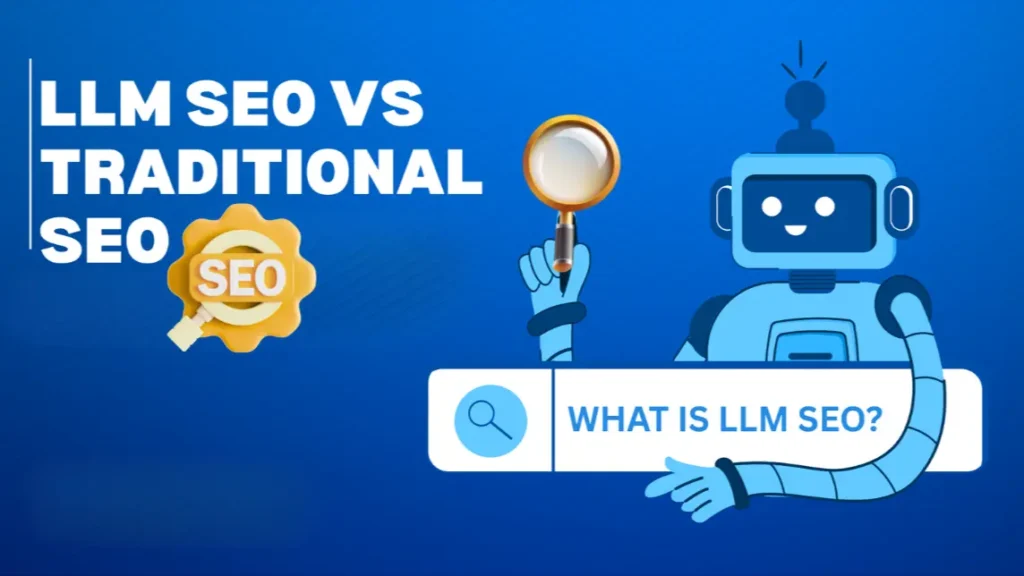 A cartoonish 3D browser window graphic on a purple background with the title 'what is llm seo in 2026' in white text.