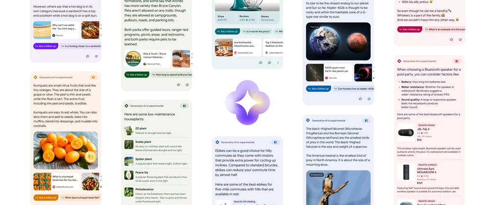 Image showing many examples of AI overviews in search results.
