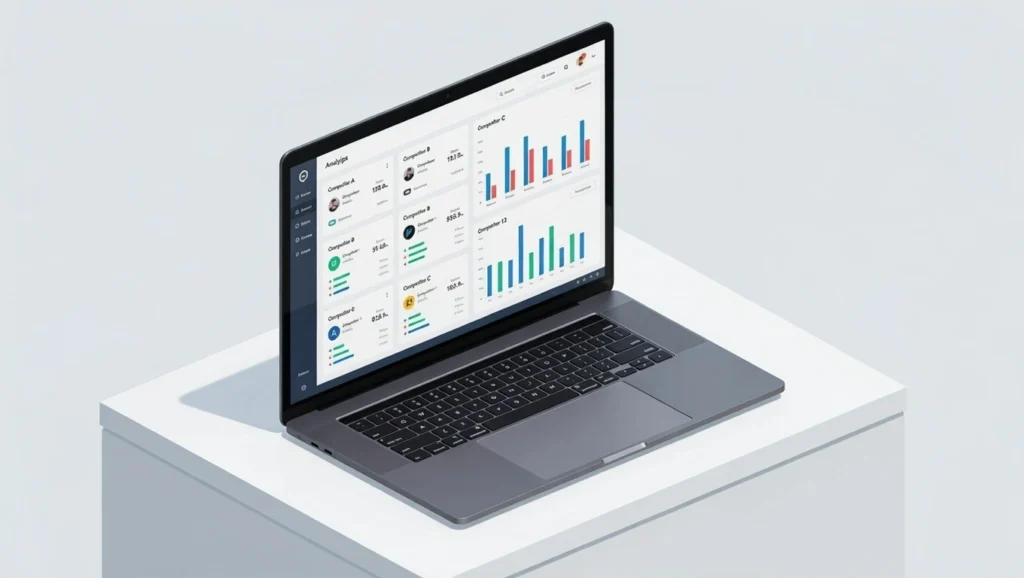 Isometric view of a laptop displaying entity-based competitor analysis dashboard with competitor metrics, entity counts, and performance graphs for SEO strategy