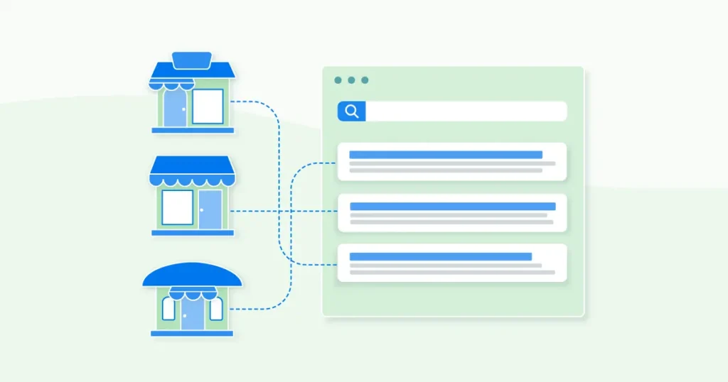 "Illustration of Local Business Schema Markup linking storefront icons to digital search results to boost local visibility.