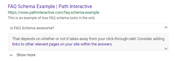 Example of FAQ Schema markup in the wild from Path Interactive, demonstrating structured Q&A for better SERP visibility