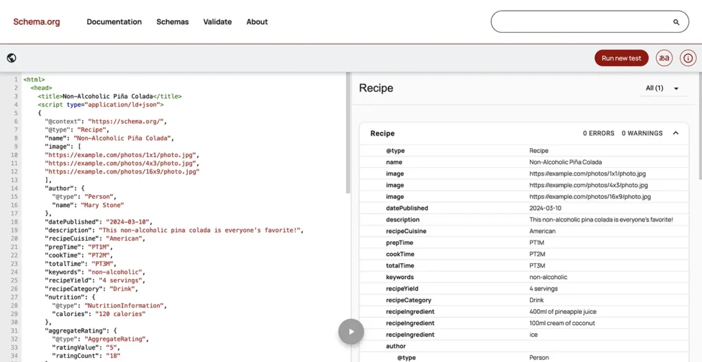A screenshot of the Schema.org validation tool showing error-free JSON-LD code for a recipe, demonstrating the technical implementation of AI SEO Schema Markup.