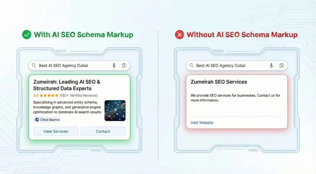 Infographic illustrating the benefits of AI SEO Schema Markup, showing a rich, cited search result for Zumeirah versus a plain listing.