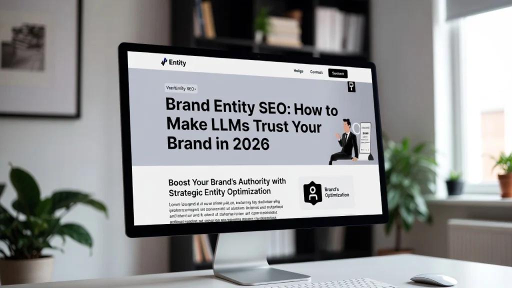 Featured image for Brand Entity SEO 2026 guide: modern workspace with monitor displaying LLM trust optimization article