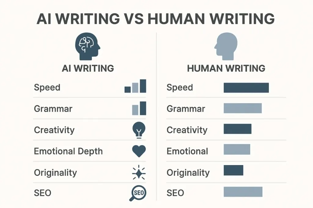 Comparison chart of AI Writing vs Human Writing, evaluating factors like speed, grammar, creativity, emotional depth, originality, and SEO performance.