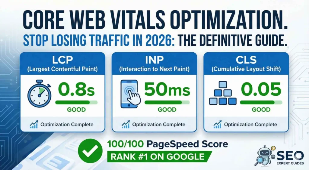 Featured image infographic titled 'How To Fix Core Web Vitals: The Definitive Guide,' displaying perfect green scores for LCP (0.8s), INP (50ms), and CLS (0.05), resulting in a 100/100 PageSpeed Score and #1 Google ranking.