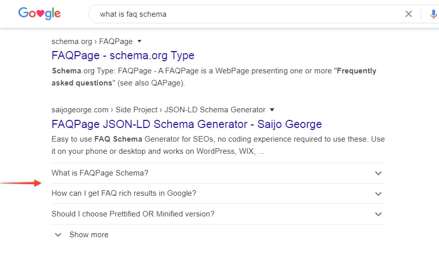 Google search results for 'what is FAQ schema' showing schema.org FAQPage definition and FAQ rich results accordion
