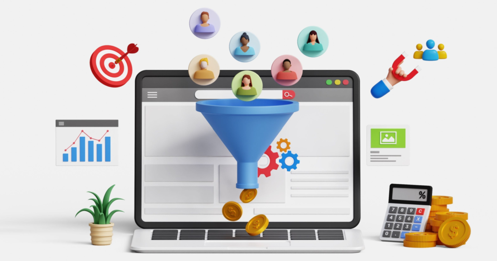 3D illustration of a multimodal seo strategy: a laptop funnel converting users to coins with marketing icons like a target and magnet.