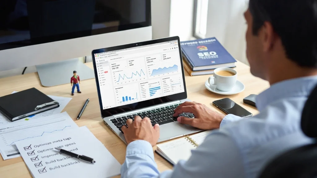 SEO specialist at a desk performing a traditional SEO health check on a laptop, with an audit checklist and keyword research books visible.
