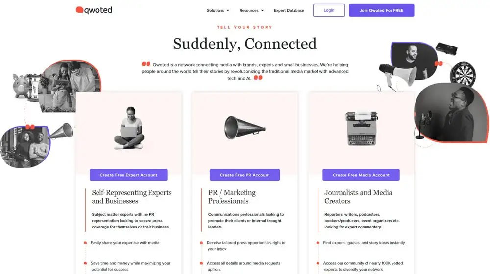 Qwoted homepage: Platform connecting experts, PR pros, and journalists for high-authority link building via media mentions and expert quotes.