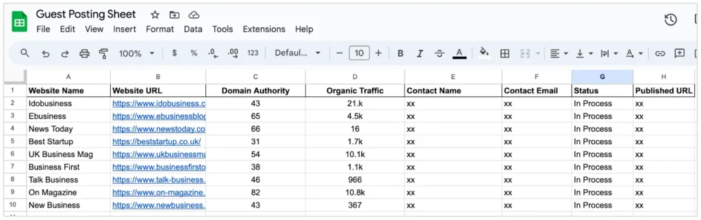 Excel sheet list of 10 websites with their name, url, domain authority, organic traffic etc