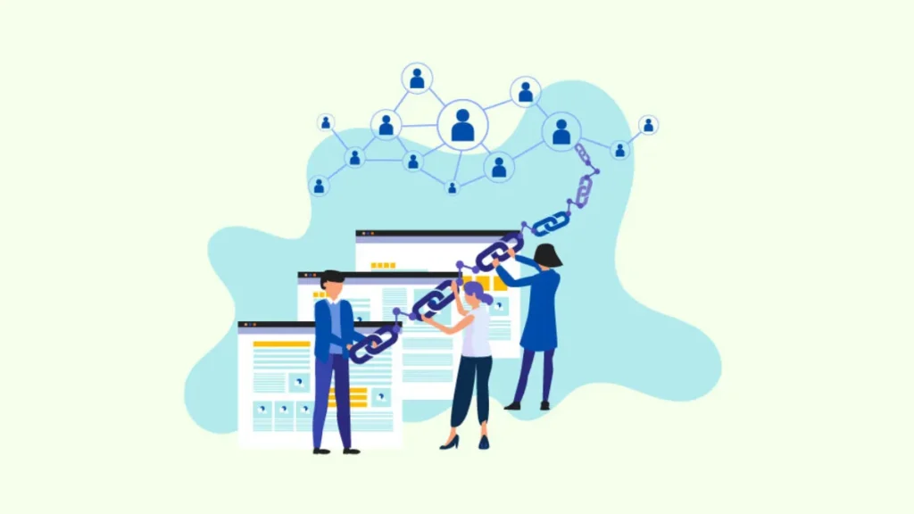 Illustration of team building high-authority backlinks: professionals connecting chains between websites and people icons for SEO link building success in 2026