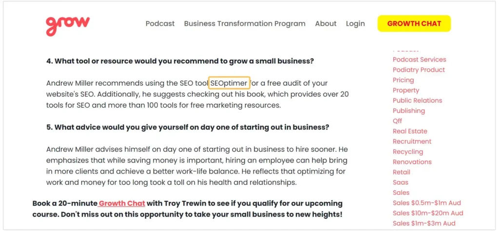 A screenshot of a blog post on Grow with a highlighted unlinked brand mention for the SEO tool SEOptimer within the article's body text.